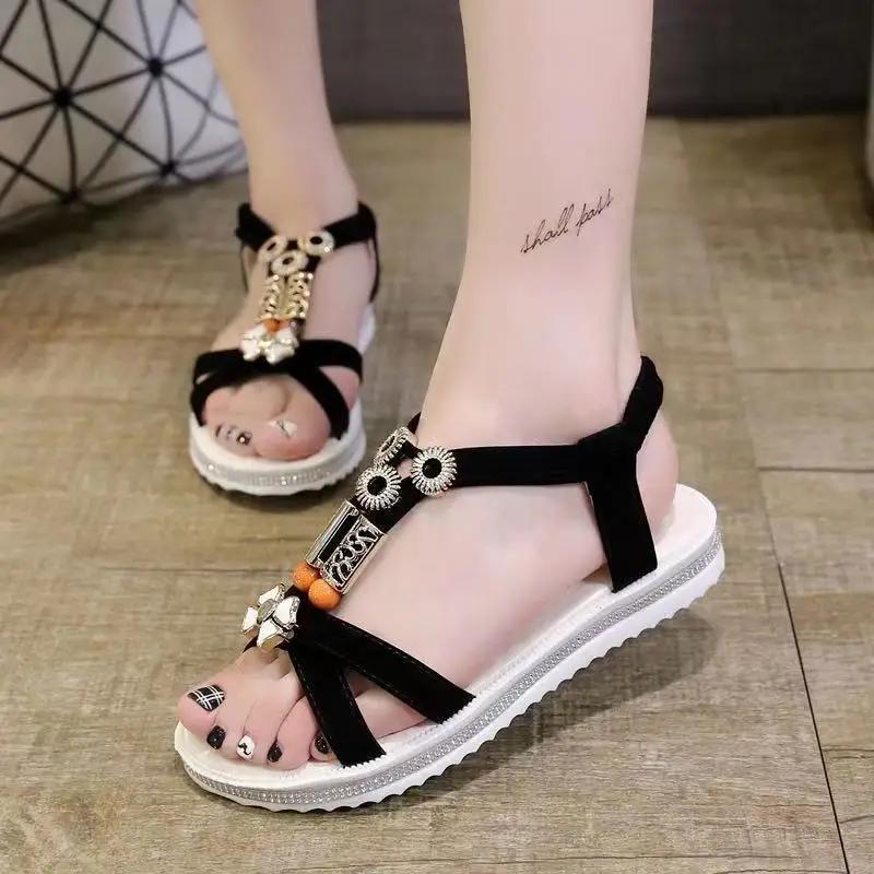 

Fashion Rhinestones No Heel Woman Shoes Low Price Asian Size Sandals for Women 2025 Trending Daily Summer Offers Vintage Luxury Sandal 40