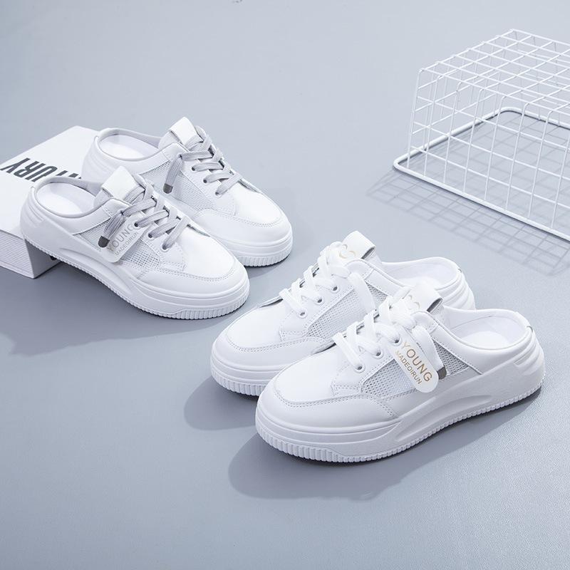 2025 new summer half-drag little white women's shoes wear lazy ins mesh bag head fashion thick-soled cool slippers