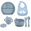 7pcs/set Baby Silicone Tableware Cartoon Printed Bibs Sucker Bowl Plate Cup Spoon Fork Sets Non-slip Children's Dishes BPA Free