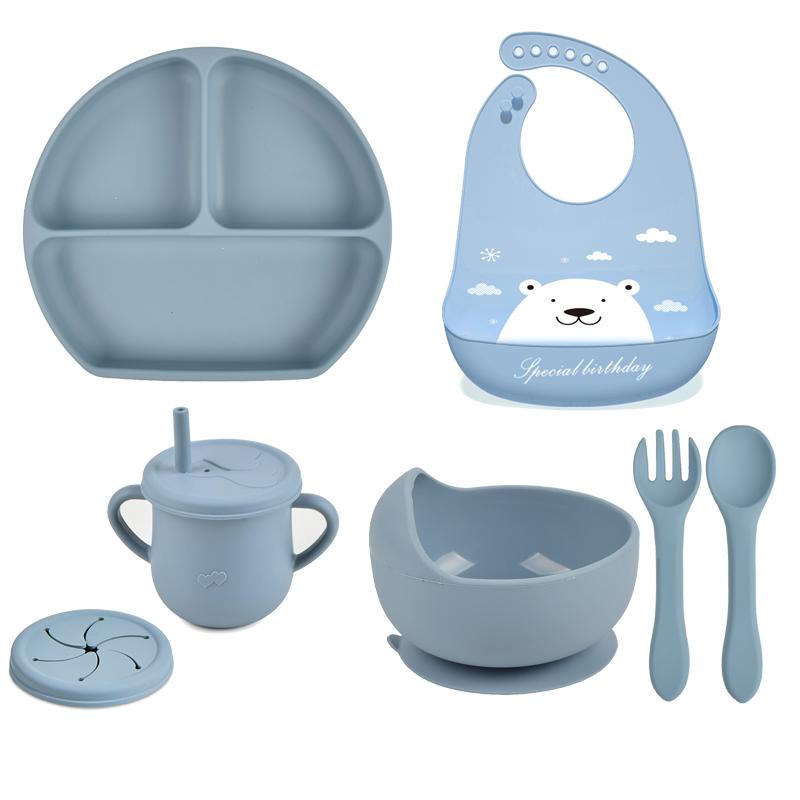 7pcs/set Baby Silicone Tableware Cartoon Printed Bibs Sucker Bowl Plate Cup Spoon Fork Sets Non-slip Children's Dishes BPA Free