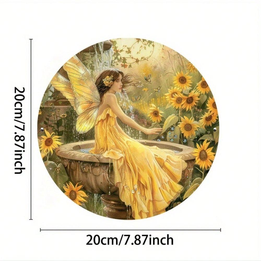 Vintage Sunflower Fairy Round Aluminum Sign 8x8 Inch Metal Wall Art Tin Finish Home Restaurant Cafe Decor