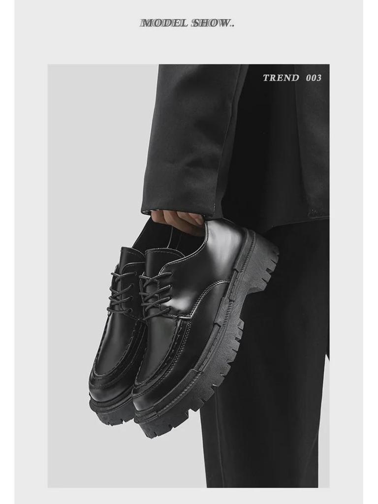 Men's Casual Black Leather Shoes - Autumn British Style, Thick Sole, Heightening Design, Fashionable College Footwear