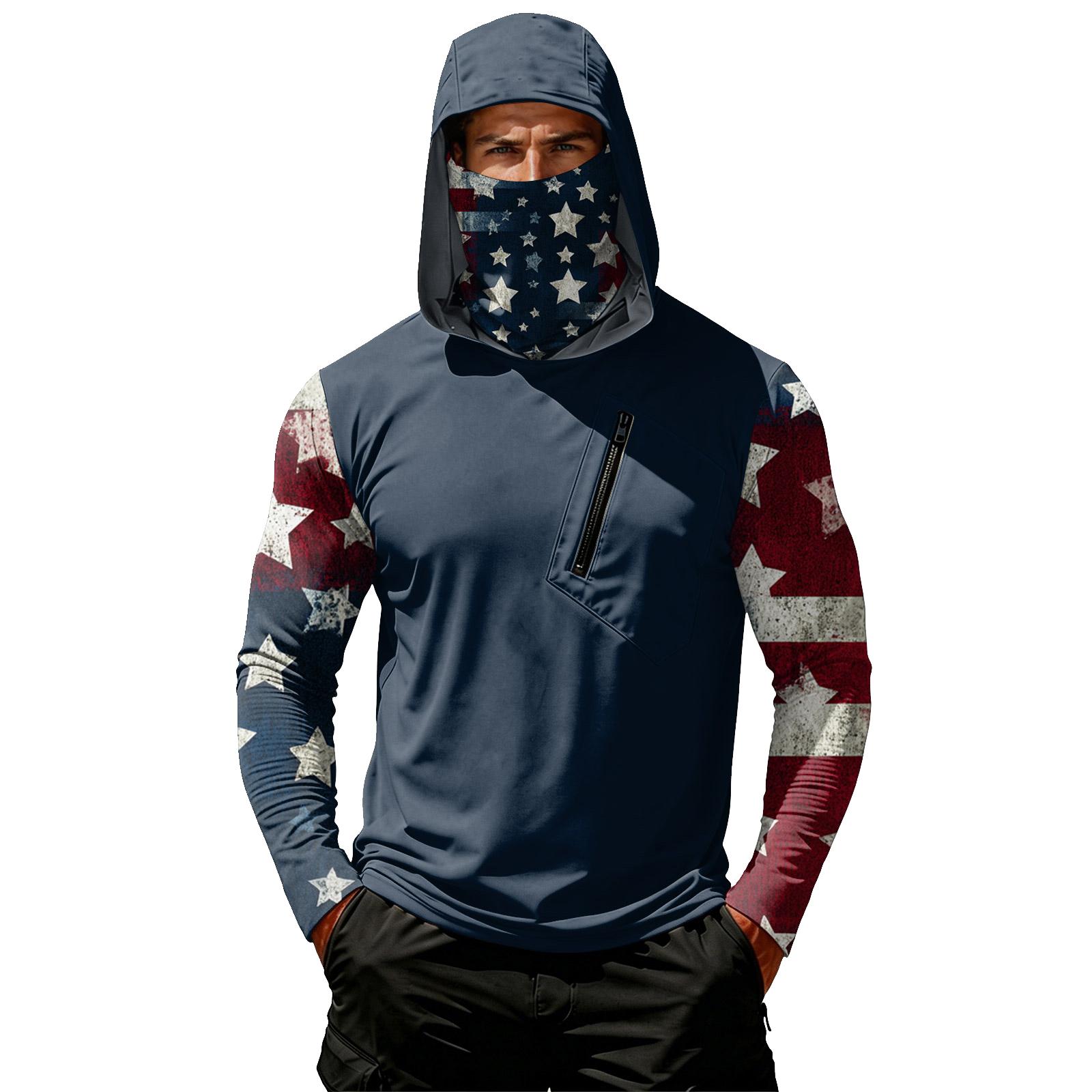 

Men s Long Sleeve Hooded Shirt with Star Print Breathable Fabric Chest Zipper Pocket and Face Cover for Outdoor Activities XL тёмно-синий