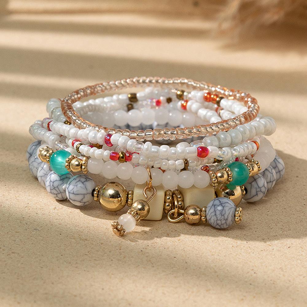 Ethnic Multilayer Colorful Beads Bracelet Set for Women Wholesale 8Pcs Bohemian Elastic Acrylic Bangle Bracelet Beach Zircon