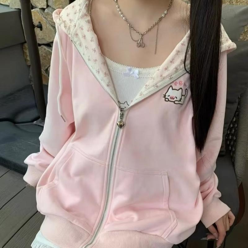Y2k Hoodies Green Kawaii Cat Floral Print Hooded Zip-up Woman Sweatshirts Pink Thin Jacket Spring Autumn Clothes Cute Streetwear