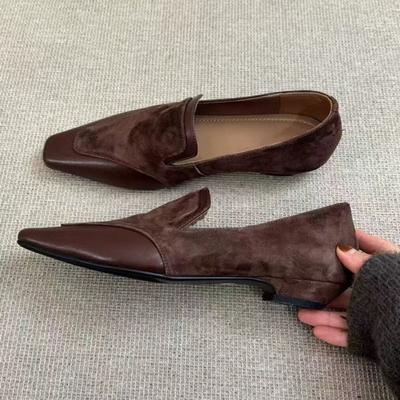 Sheepskin Version~ British Suede Small Square Head Thick Heel Deep Mouth Loafers Women's Spring Versatile Commuter Shoes Single Shoes