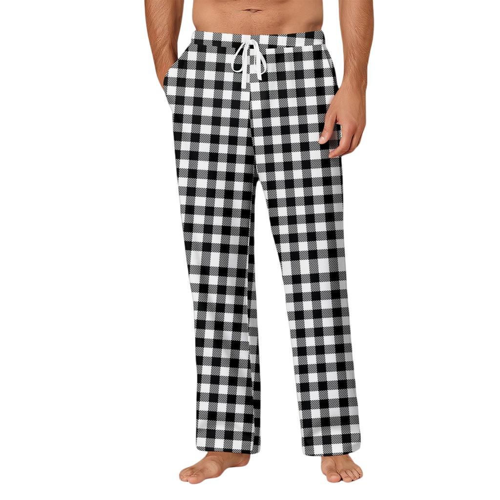 Men's Drawstring Pocket Casual Pants Plaid Stripe Print Pocket Casual Pants Home Pajama Pants