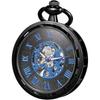 Treeweto Antique Mechanical Skeleton Pocket Watch Men's Hand-Wound with Chain Black Blue