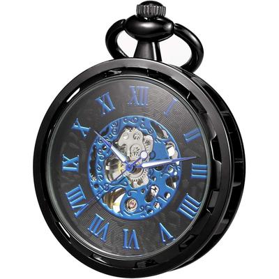 Treeweto Antique Mechanical Skeleton Pocket Watch Men's Hand-Wound with Chain Black Blue
