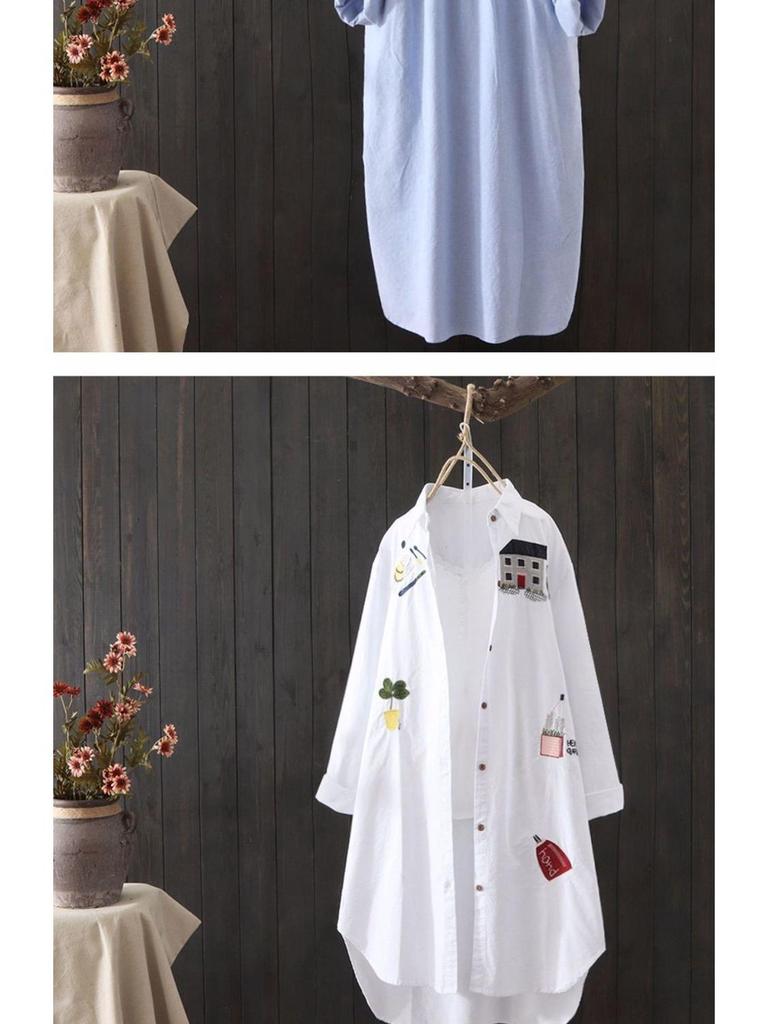 Korean Style Cotton Embroidered Long Sleeve Casual Shirt for Women