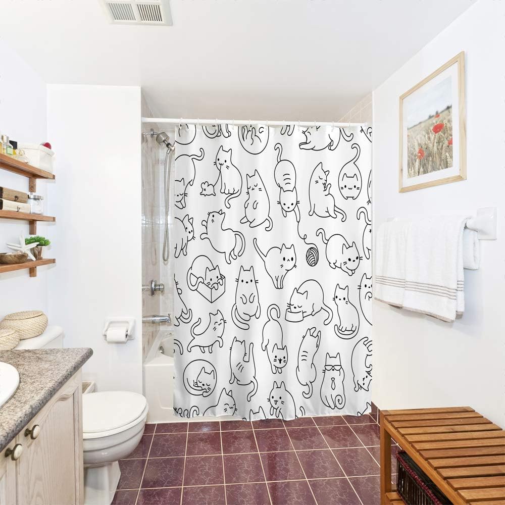 Shower Curtain for Bathroom with Hooks, Black and White Cute Cartoon Colorful Kittens Funny  Long Cloth Fabric Shower Curtain