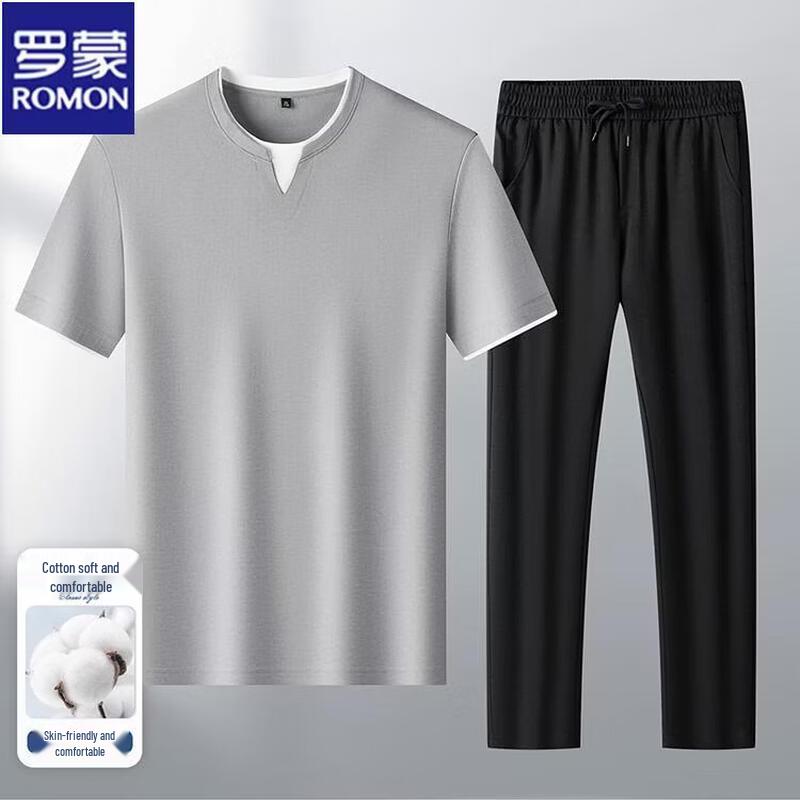 ROMON Men s American Retro Fake Two-Piece Cooling Short Sleeve T-Shirt Set XL