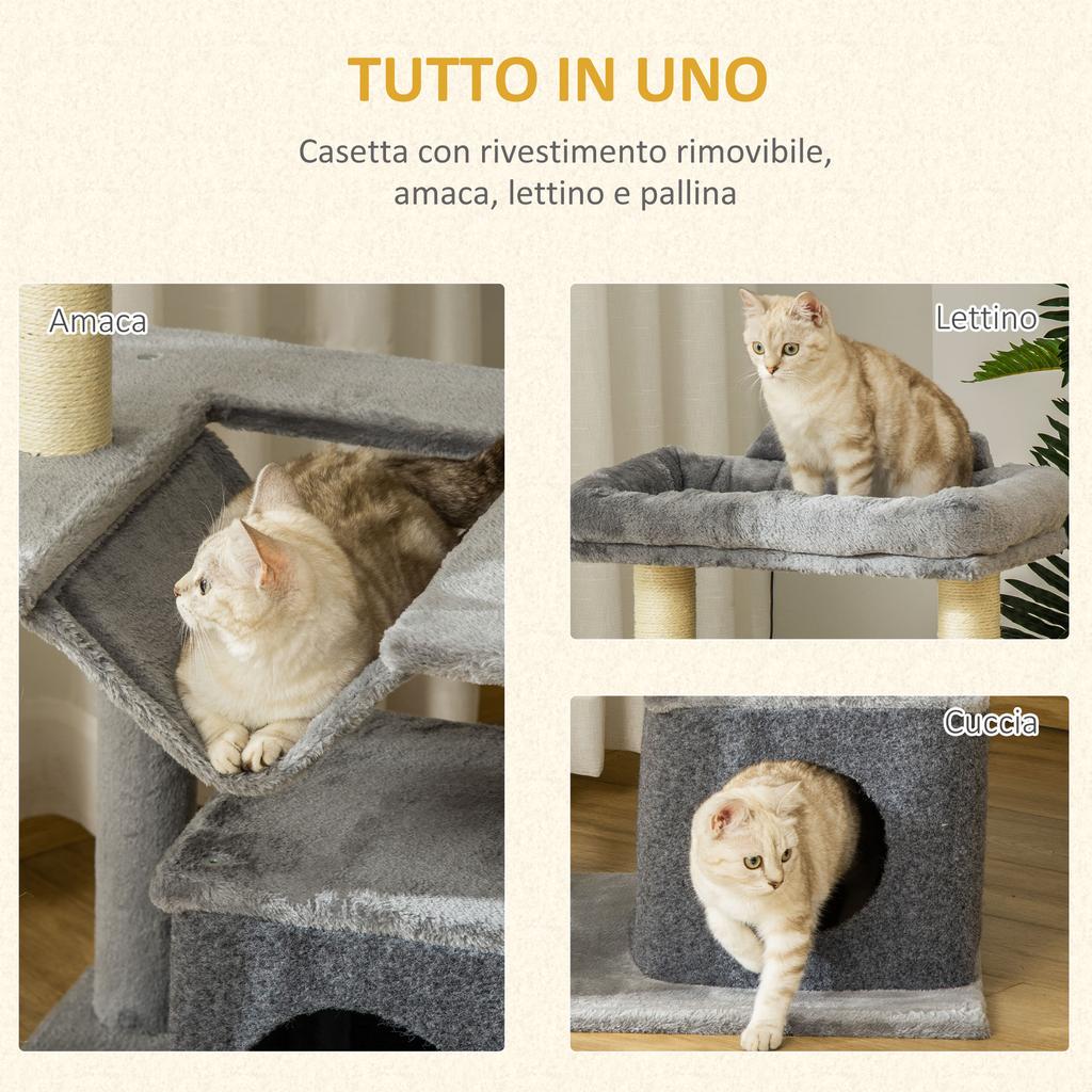 Cat Tree with Sisal Ropes, House and Hammock, Plush and Felt Cover, Height 100cm, Grey