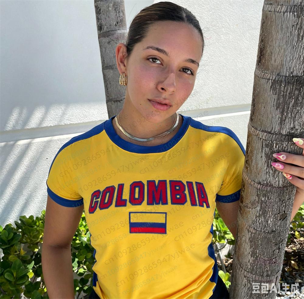 Kolumbien Y2k Fußballtrikot Rundhals Modische Streetwear Kurzarm T-Shirt Vielseitiges Freizeit Oberteil Sommer Damen T-Shirt