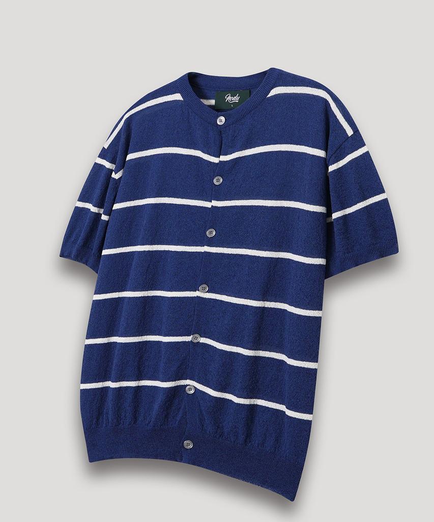 Nodu Summer Striped Round Short Sleeve Cardigan [Blue]