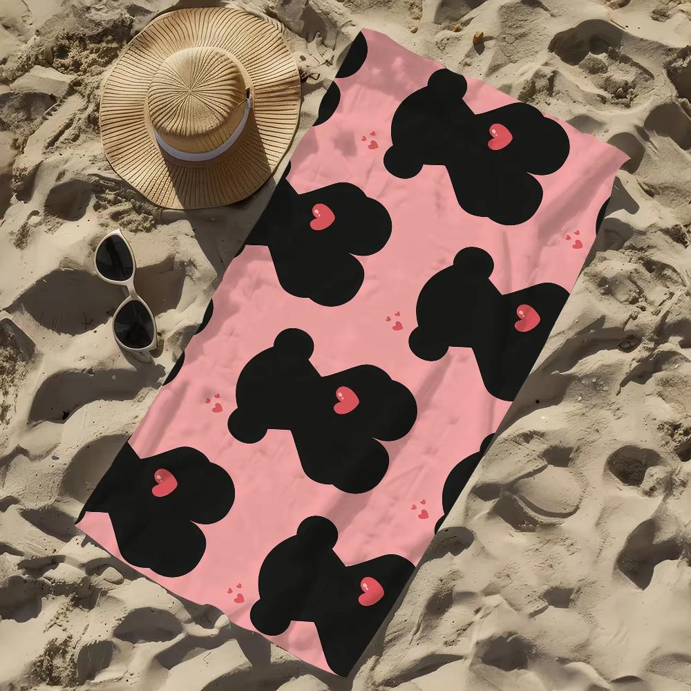 Cute Bear Silhouette Print Beach Towel,Soft Microfiber Lightweight Quick Dry,Oversized for Travel Camping,Love Heart Decor Towel