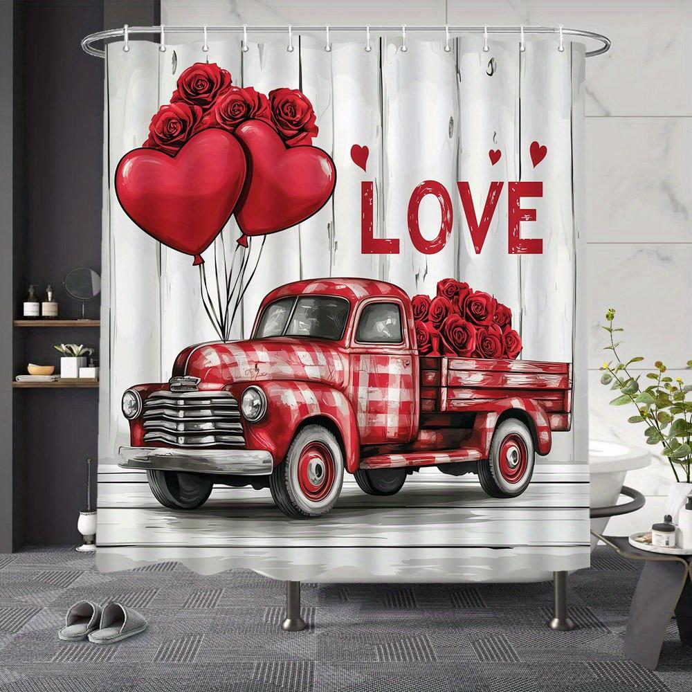 

1Pc Romantic Love Truck Shower Curtain - Pink Hearts & Floral, Polyester, Fade & Machine Wash Resistant, 70X70In,Farmhouse Style W60H190(CM)-1 Pcs