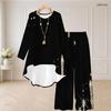 Women Plus Size Round Neck Long Sleeve High Low Top Wide Leg Pants Black Blue Printed Two Piece Set
