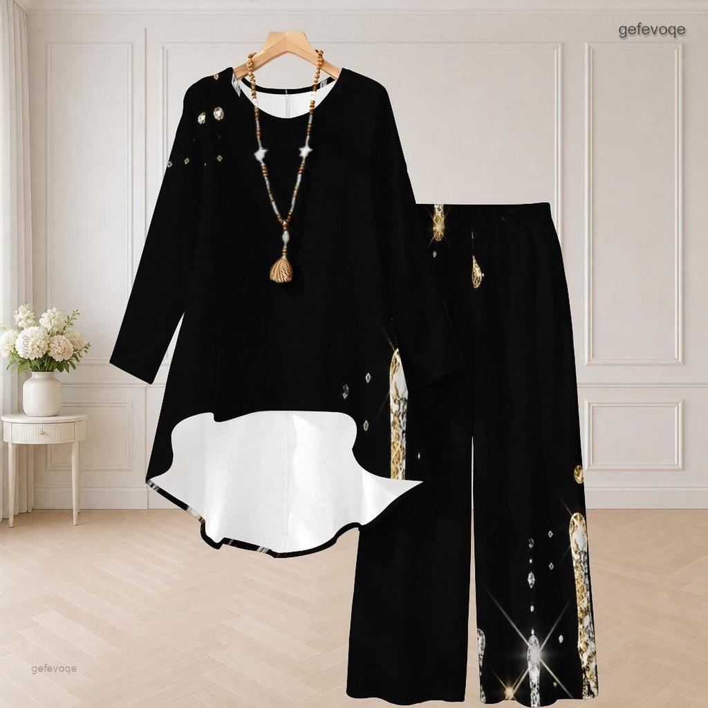 Women Plus Size Round Neck Long Sleeve High Low Top Wide Leg Pants Black Blue Printed Two Piece Set