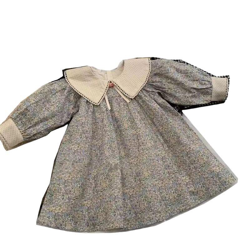 Girls Autumn Floral Long Sleeve Dress Loose Collar Fashionable Princess Dress