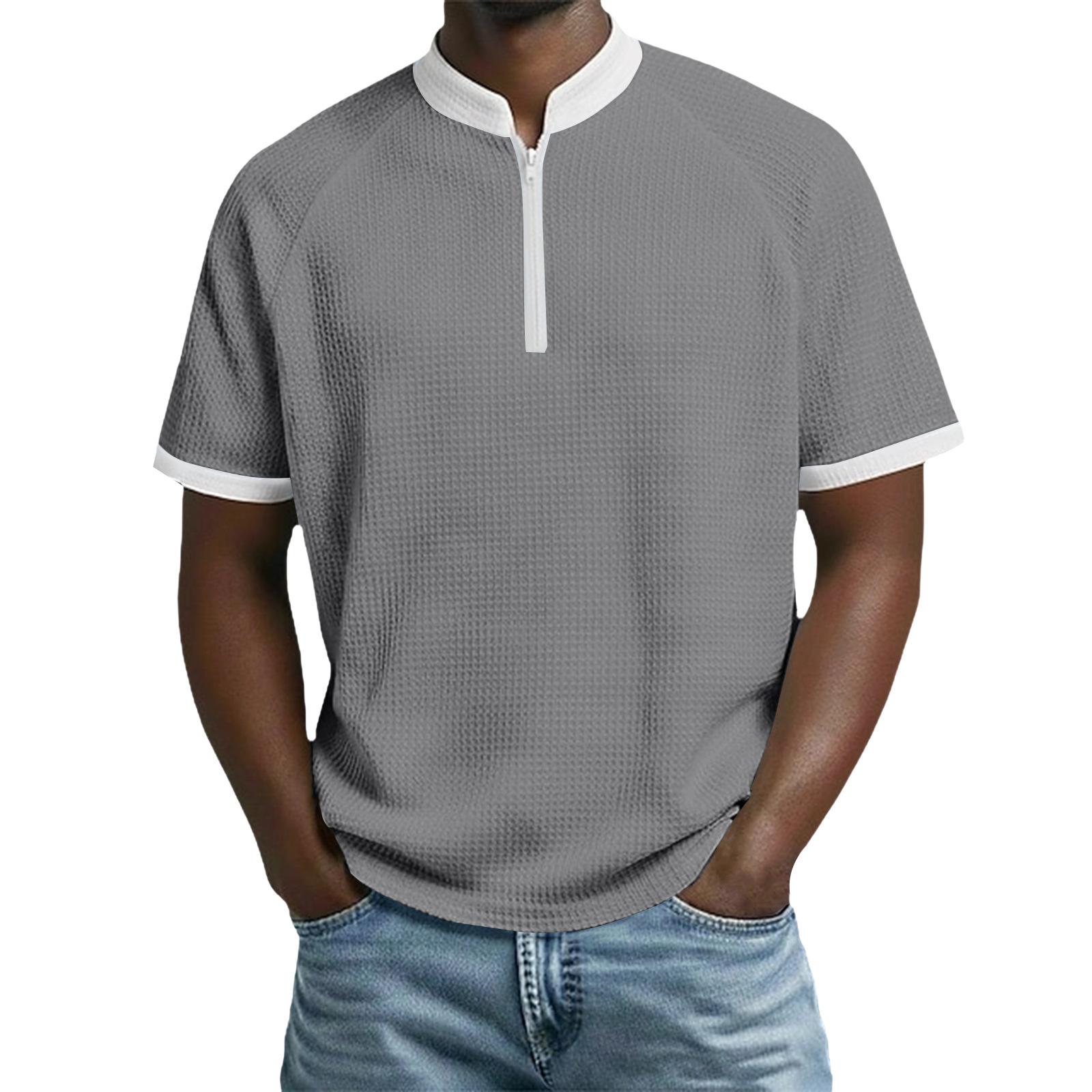 

Men’s Short Sleeve Zip Front Shirt with Trim Casual Stand Collar Top for Everyday Wear XXXL