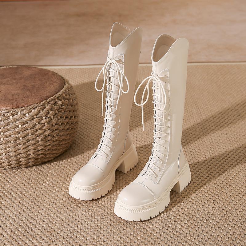 

White boots women s winter new platform knight boots thick heel lace-up boots women s boots versatile women s shoes 35