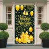 IVN 71x35 Inch Happy New Year 2026 Banner Door Cover New Years Eve Party Backdrop Black Gold Balloons Gift Box Polyester Fabric Front Door Porch