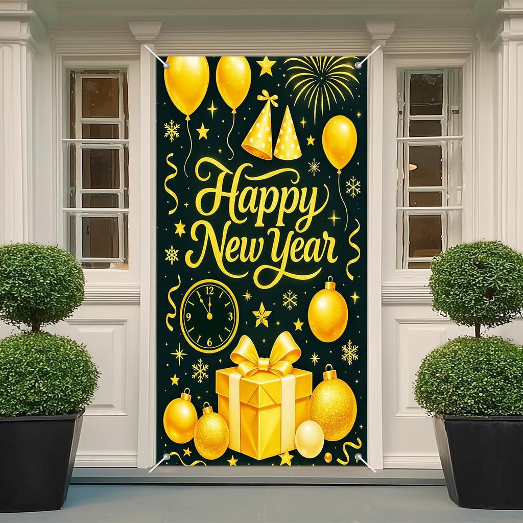 IVN 71x35 Inch Happy New Year 2026 Banner Door Cover New Years Eve Party Backdrop Black Gold Balloons Gift Box Polyester Fabric Front Door Porch