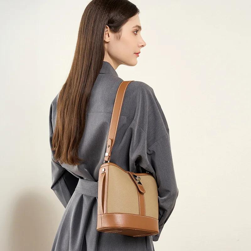 Genuine leather leather bucket shoulder bag for women  luxury bags  women's crossbody bags