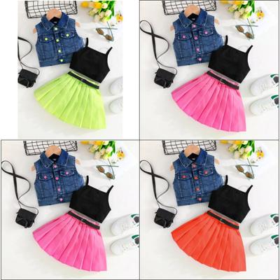 2-7Y Children's Clothes Set New Summer Girl's Denim Vest Top + Camisole Underwear + Pleated Skirt 3pcs