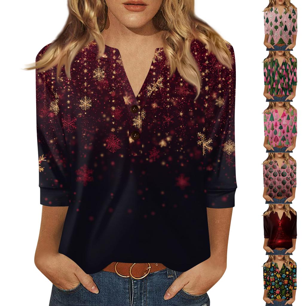 Women's T Shirt Print Button 3/4 Sleeve Daily Weekend Fashion Basic V- Neck Regular Top