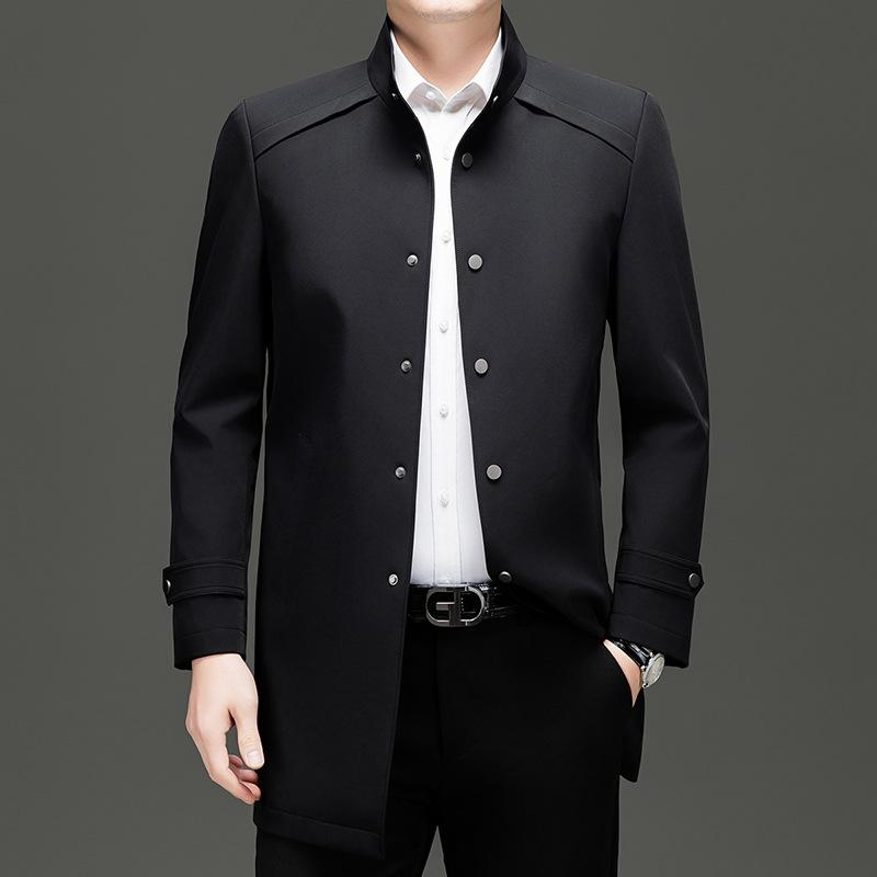 Spring and Autumn New Business Leisure Medium and Long Single-breasted Stand-up Collar Solid Color Loose Coat