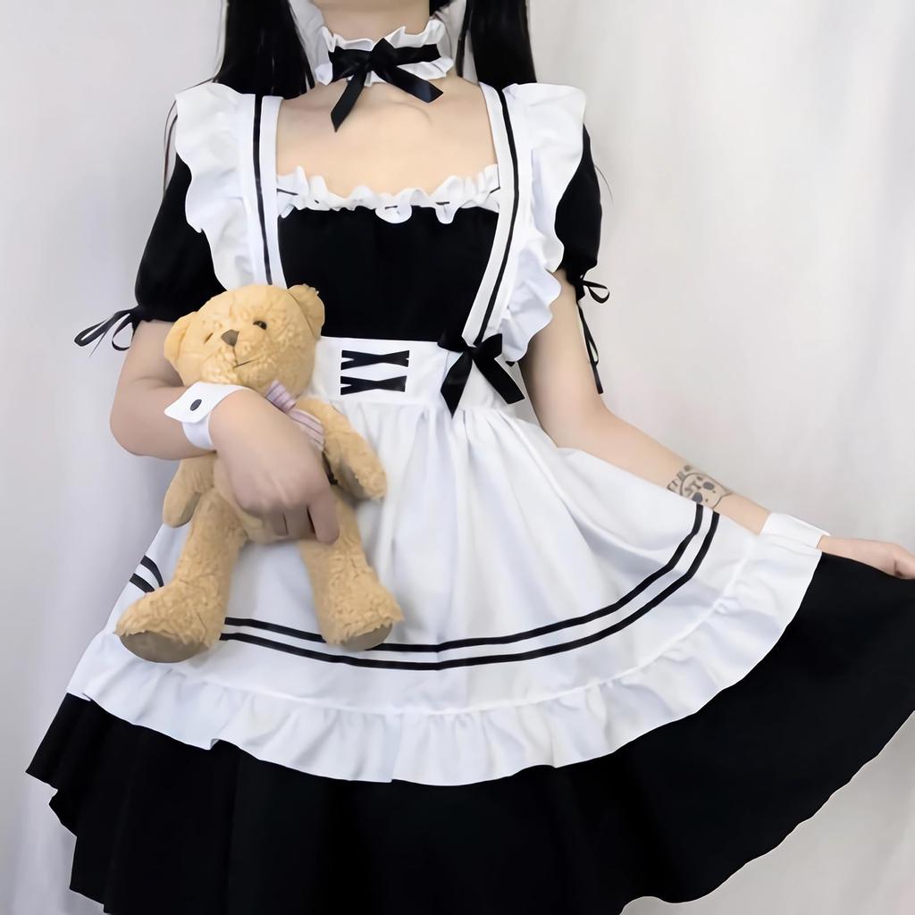 Asminlee Maid Cute and Gakuen Alice Cute Maid Plus Size Fancy Top and Bottom Unisex Costume, Popular, Long, Black, Costume, Beginner's Set, Outfit,