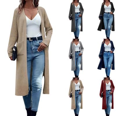 Cardigan tricoté à poches pour femme, pull ample, long, couleur unie
