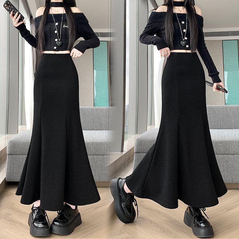 Off-White Fleece-Lined Woolen Mermaid Skirt - High-Waisted 2025 Autumn/Winter Mid-Length Skirt for Women