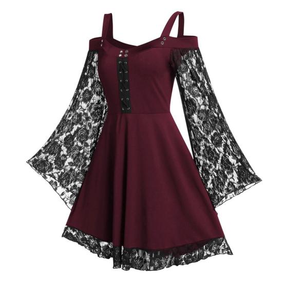 Women Gothic Cold Shoulder Long Flared Sleeve Waist Tight Bandage Party Dress