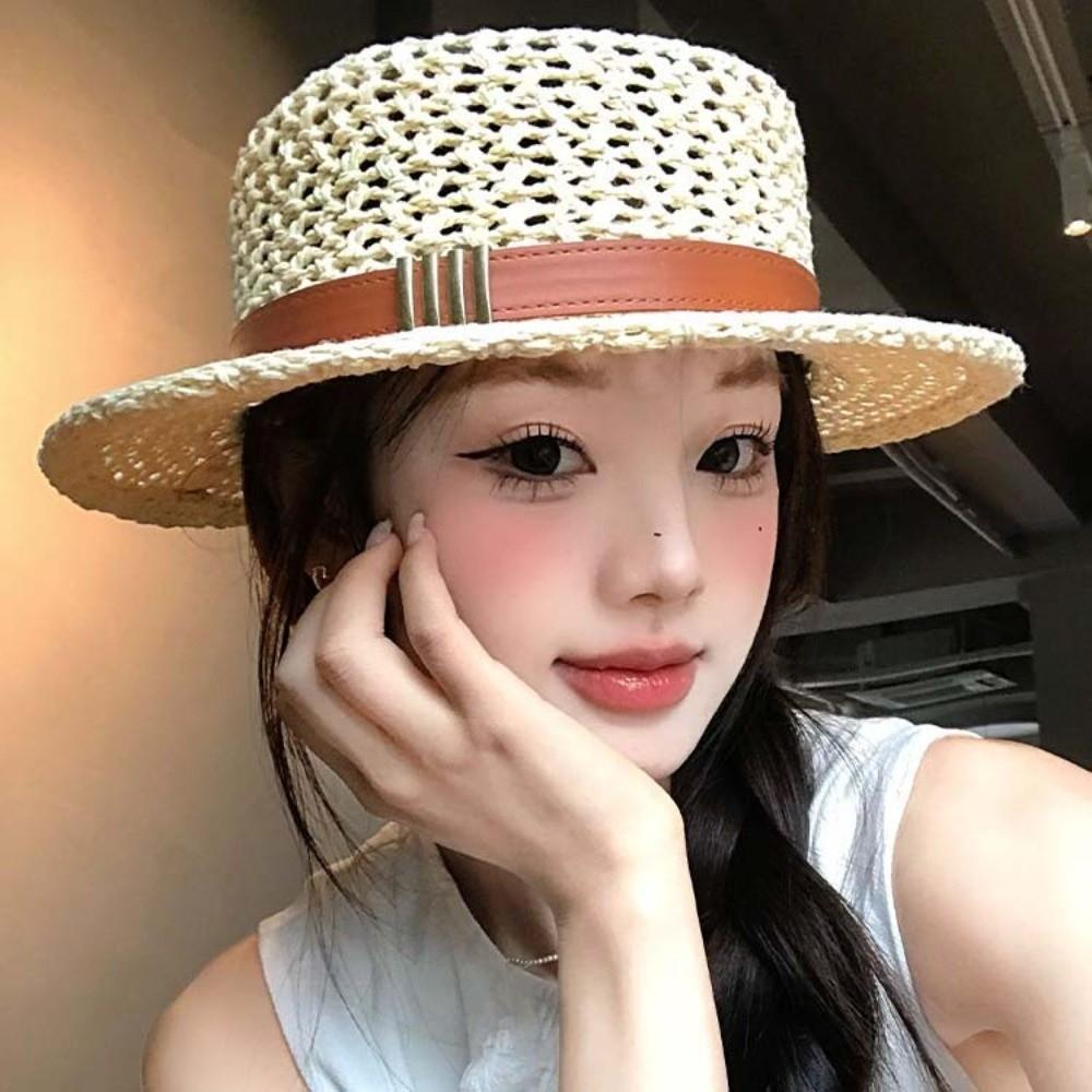 Sun Protection Straw Boater Hat Lightweight Flat Top Beach Hat Handwoven Sun Cap Garden Tea Party