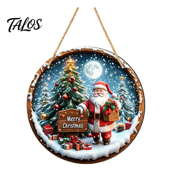 Rustic Christmas Wall Decor Wooden Round Hanging Sign, Santa Claus Highland Cow Winter Theme Farmhouse Holiday Art Door Decor, Welcome Ornament