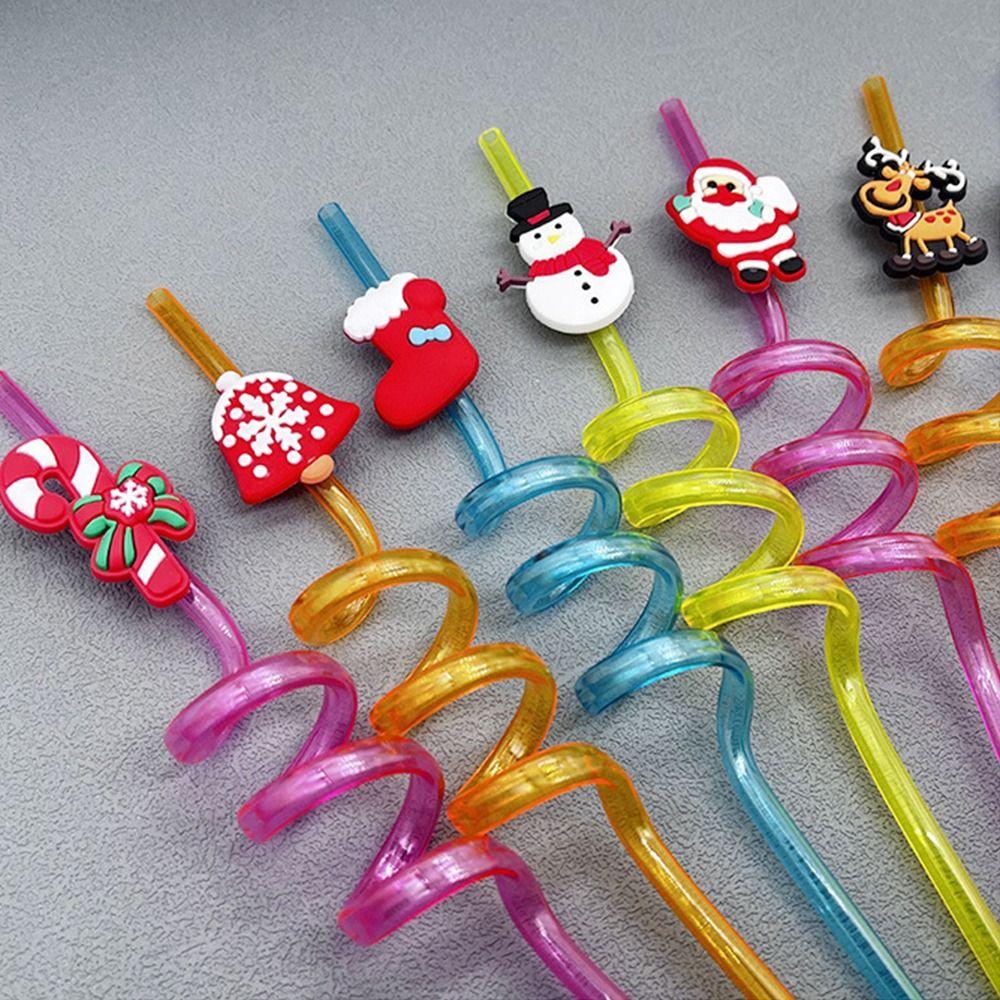 Spiral Christmas Plastic Straw Food Grade Christmas Party Decor Christmas Cartoon Straw  Children