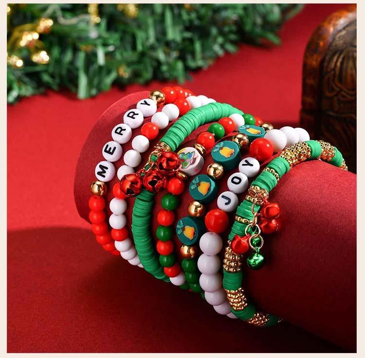 Christmas Bracelets, Charms Bell Snowman Xmas Tree Beaded Stretch Bracelets Set, Holiday Gift Jewelry For Women