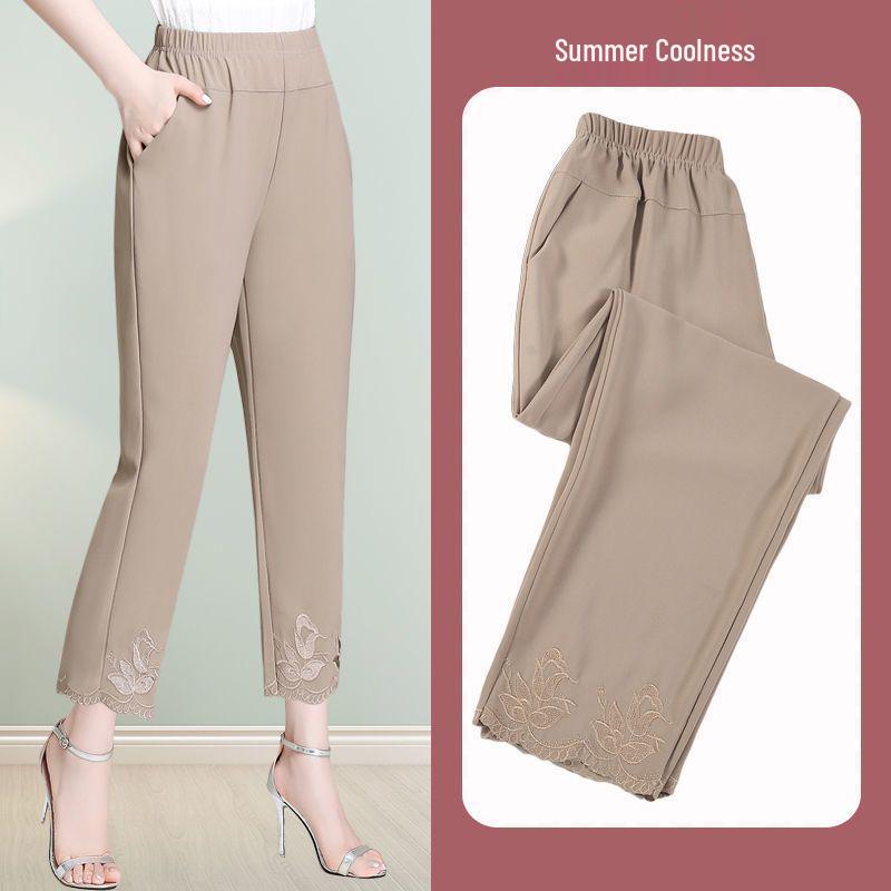 Mom's Chiffon High-Waisted Embroidered Loose-Fit Capri & Ankle Pants for Middle-Aged Women