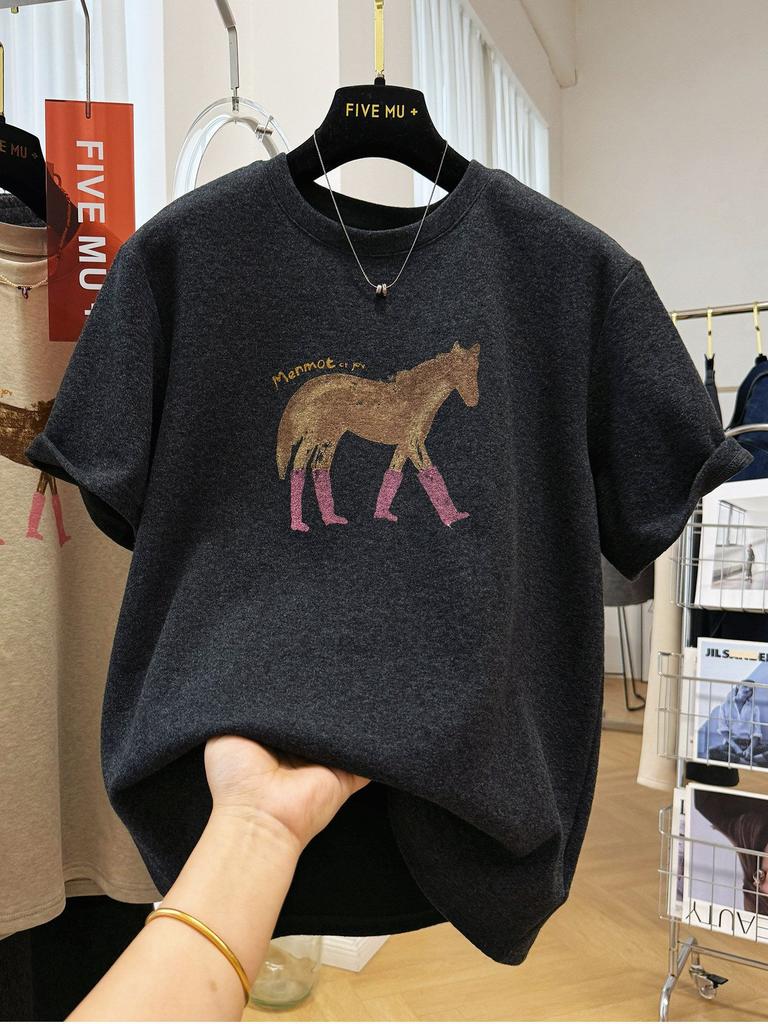 Plus Size Women's Horse Graphic Print Dralon Brushed Short Sleeve T Shirt Loose Crew Neck Spring Casual Basic Top