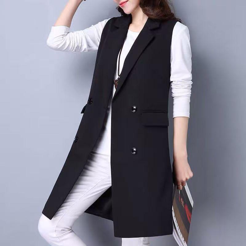 Korean Fashion Women's Sleeveless Blazer Vest - Autumn Casual Loose Long Waistcoat, Solid Color Office Lady Outwear