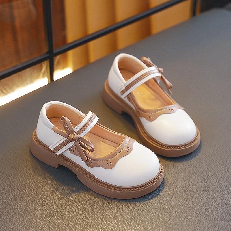 Girls Bow Wavy Edge Mary Jane Thick Sole Casual Leather Shoes