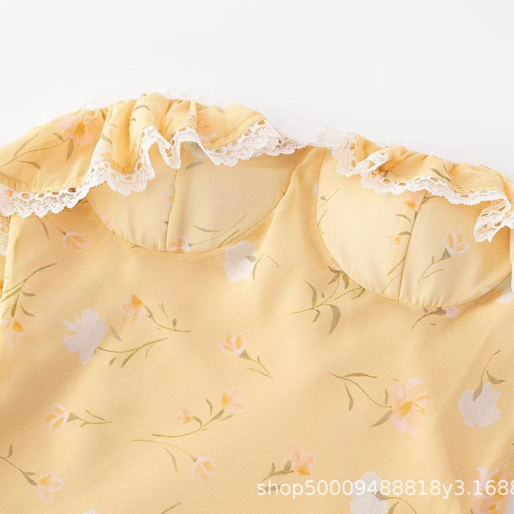 French Romantic Gentle Temperament Yellow Floral Dress Women's Summer Vacation Style Waist Thin Lace Long Skirt