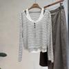 Womens V-Neck Striped Knit Top Fake Two-Piece Long Sleeve Loose Fit T-Shirt Korean Style Fall Casual
