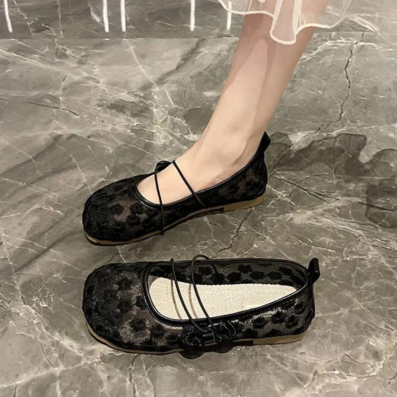 Fashion Off-white Mesh Japanese Style Lolita Cute Gothic Shoes for Women Kawaii Flat Flats Low Heel Elegant Round Toe Mary Jane On Offer