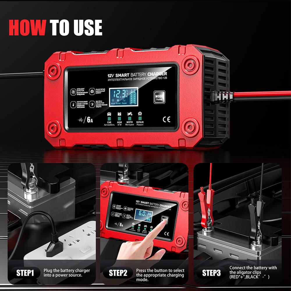 Intelligent Pulse Repair Multifunctional 12V 6A Portable Lead-Acid Smart Battery Charger Maintenance 2025 New Car Motorcycle SUV Battery Charging