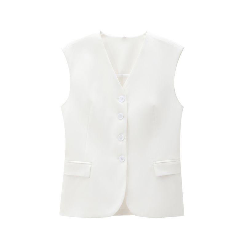 Jnleaog New Fall Women's Clothing Fashion French Style Design Fashion All-Match Casual Pure Color Pocket Decoration Vest