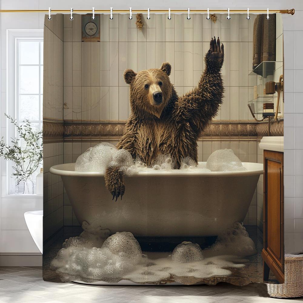Cute Brown Bear in Bath Shower Curtain, Bathroom Decorative Shower Curtain, Waterproof Shower Curtain with Hooks
